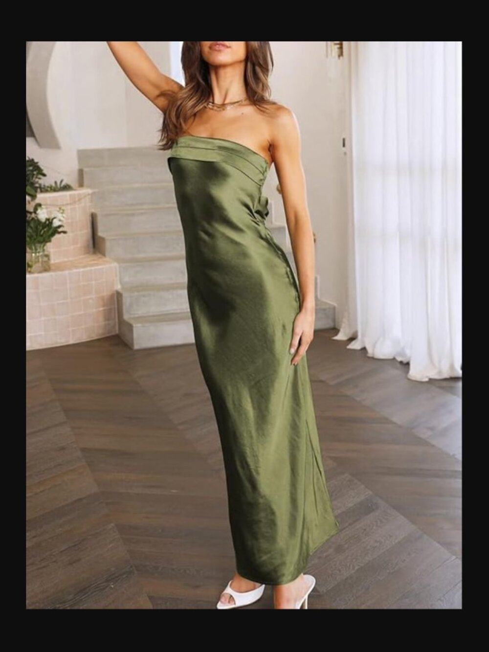 Satin Backless Tube Maxi Dress Olive Green